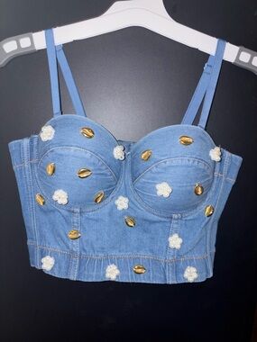 Micas Denim Pearl & Gold Accent Bustier Crop Top - Blue